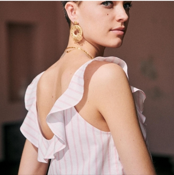 Sézane Pink Ruffle Stripe Sleeveless Button Top - Picture 4 of 11